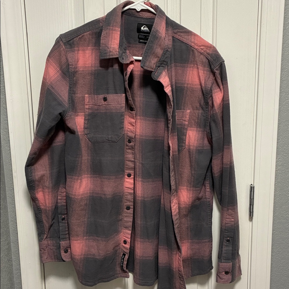 Quiksilver Coral and Charcoal Plaid Shirt
